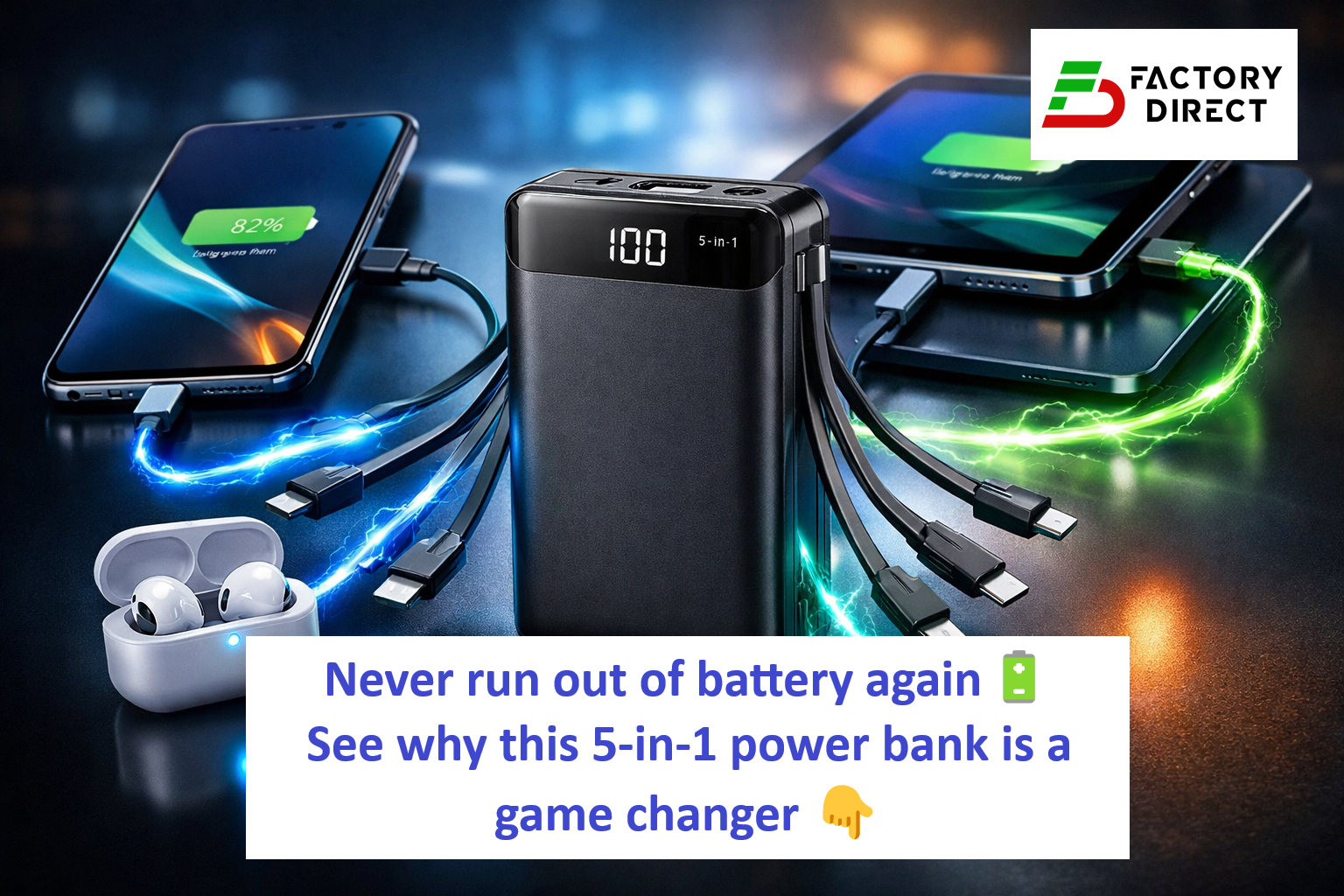 FD EASYPIE 5-IN-1 Charging Power Bank 20000mAh charging multiple devices simultaneously