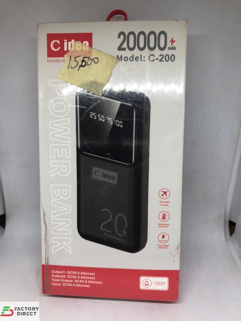 C Idea 20,000mAh power bank in black, showing USB ports, Type-C port, and digital battery percentage display on Factory Direct NG