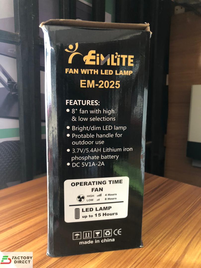 EimLite EM-2025 Rechargeable 8″ Fan with LED Lamp & Mobile Charger - Image 2