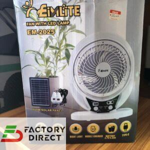 Box and product images of EimLite EM-2025 rechargeable 8″ fan with LED lamp