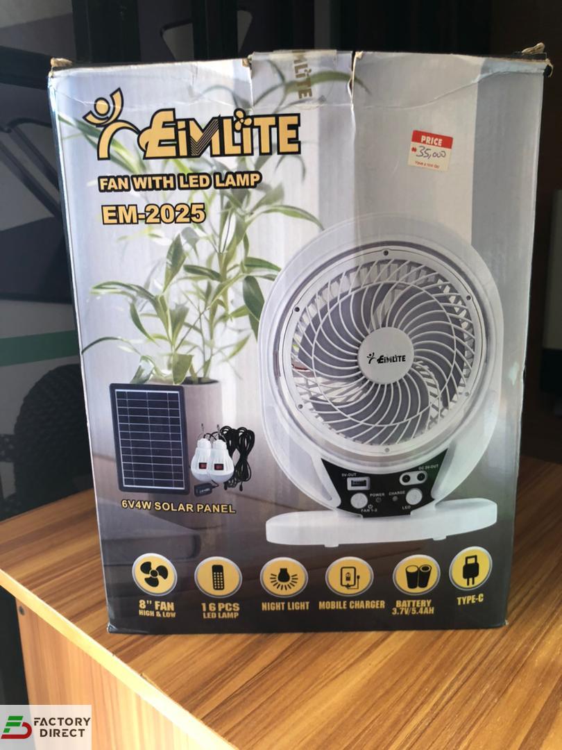 Box and product images of EimLite EM-2025 rechargeable 8″ fan with LED lamp