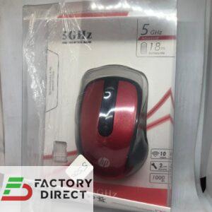 Front view of HP 5GHz Wireless Optical Mouse in black, featuring its sleek ergonomic body and the HP logo