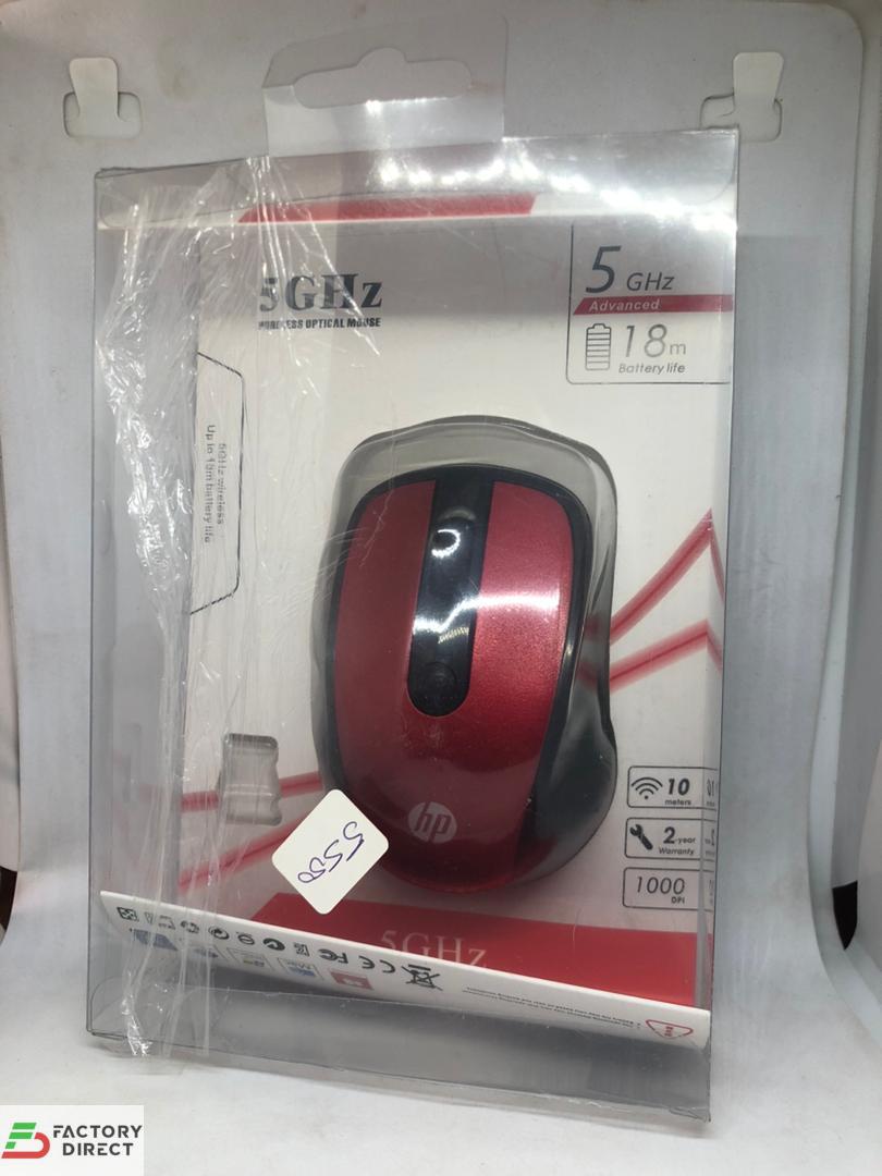 Front view of HP 5GHz Wireless Optical Mouse in black, featuring its sleek ergonomic body and the HP logo