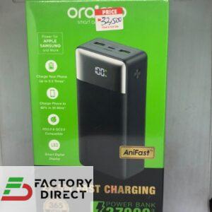 Front view of oraimo PowerNova QF1 27000mAh power bank in black featuring its smart digital LED display and multi-port interface by Factory Direct Ng