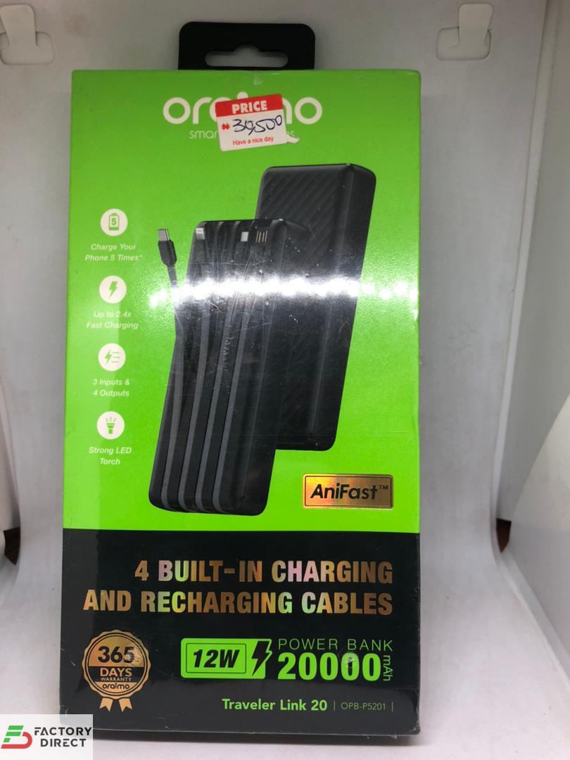 oraimo Traveler Link 20 power bank packaging showing 20000mAh capacity, built-in cables diagram, and AniFast logo by Factory Direct NG