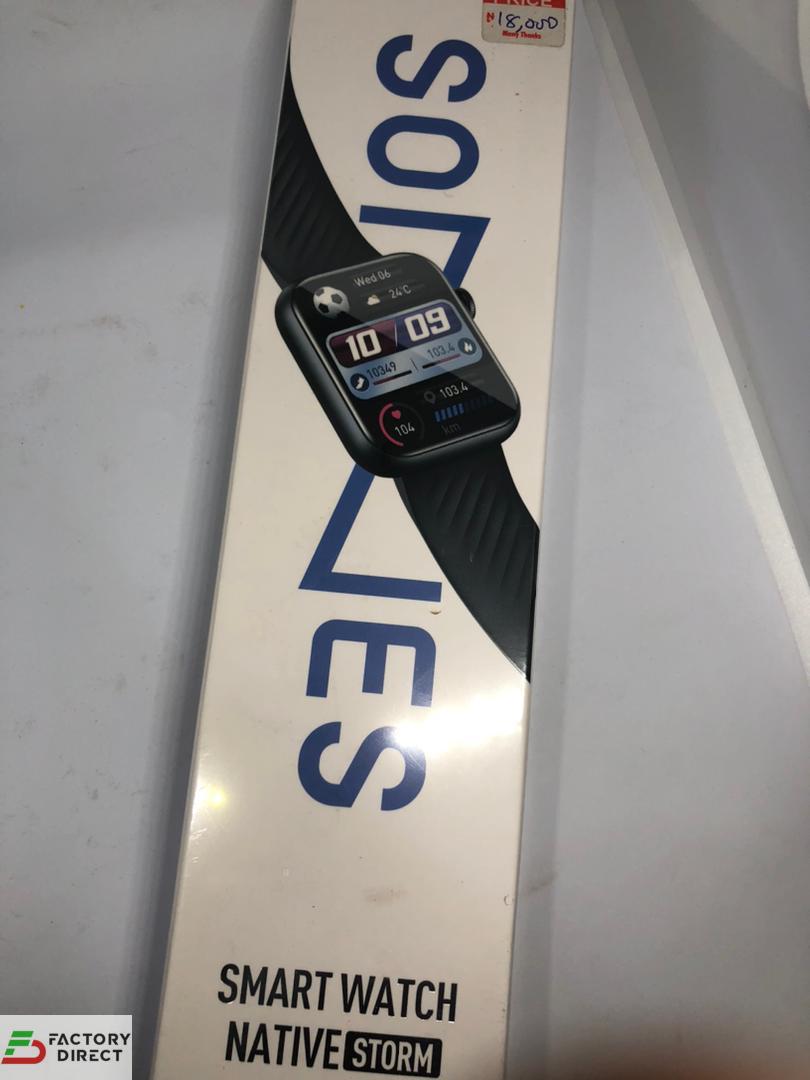 Photo of Itel Sones Native Storm Smart Watch box featuring a 1.83″ HD screen and black silicone strap