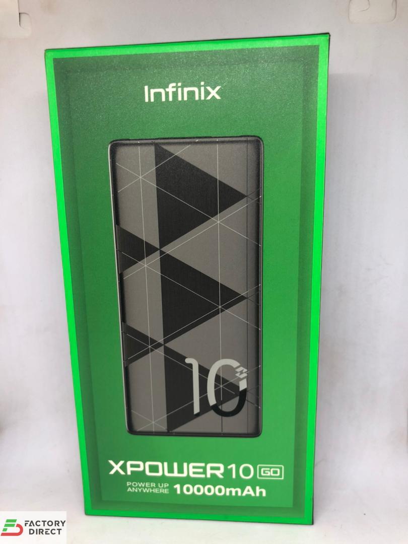Back of Infinix XPower 10 Go 10000mAh power bank packaging showing technical specs and 12-month warranty seal.