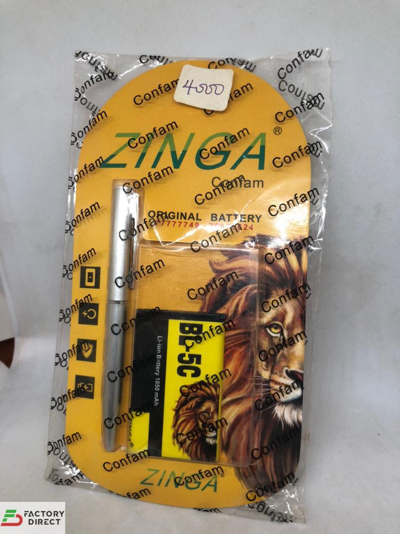 Zinga Original High Capacity Li-Ion BL-5C battery showing 1050mAh capacity and technical specifications.