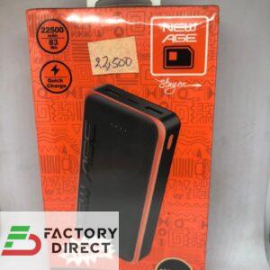 New Age 22500mAh power bank packaging in orange and black, highlighting 12-month warranty and Type-C input/output.