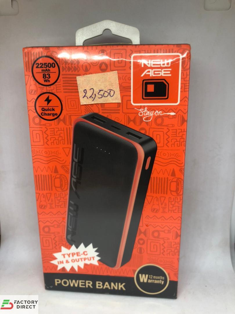 New Age 22500mAh power bank packaging in orange and black, highlighting 12-month warranty and Type-C input/output.