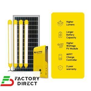 Visual breakdown of the Sun King Homeplus Pro solar kit showing four large LED lights, solar panel, and yellow control hub next to an infographic with MPPT and warranty information.