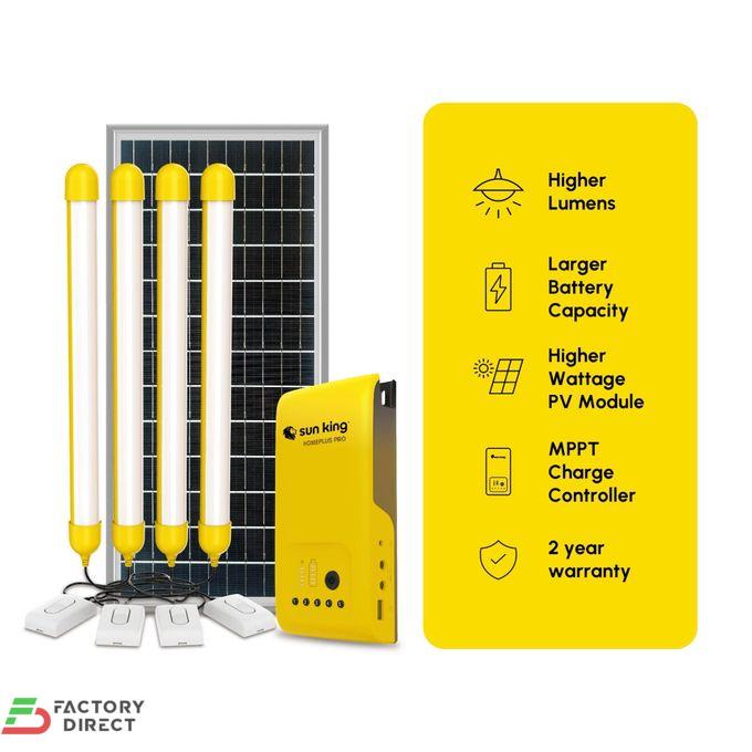 Visual breakdown of the Sun King Homeplus Pro solar kit showing four large LED lights, solar panel, and yellow control hub next to an infographic with MPPT and warranty information.
