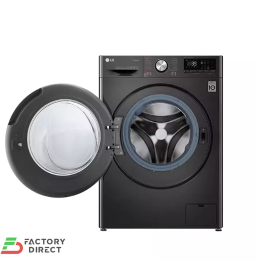 LG 10.5kg silver front load washing machine with black glass door and AI DD technology.