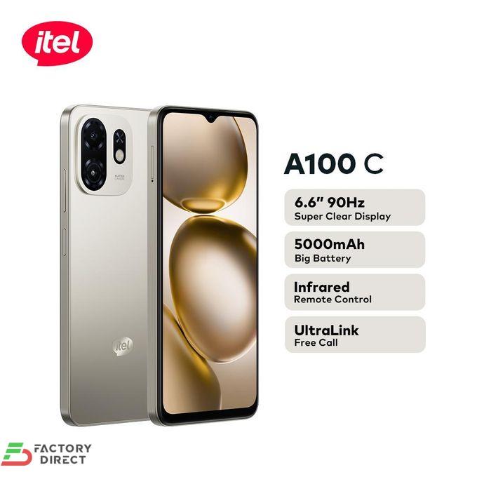 itel A100C Titanium Gold smartphone with 6.6-inch screen and 5000mAh battery.