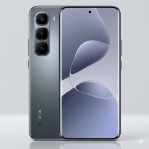 Infinix Hot 60 Pro+ Titanium Silver showing curved AMOLED screen and 50MP camera module.