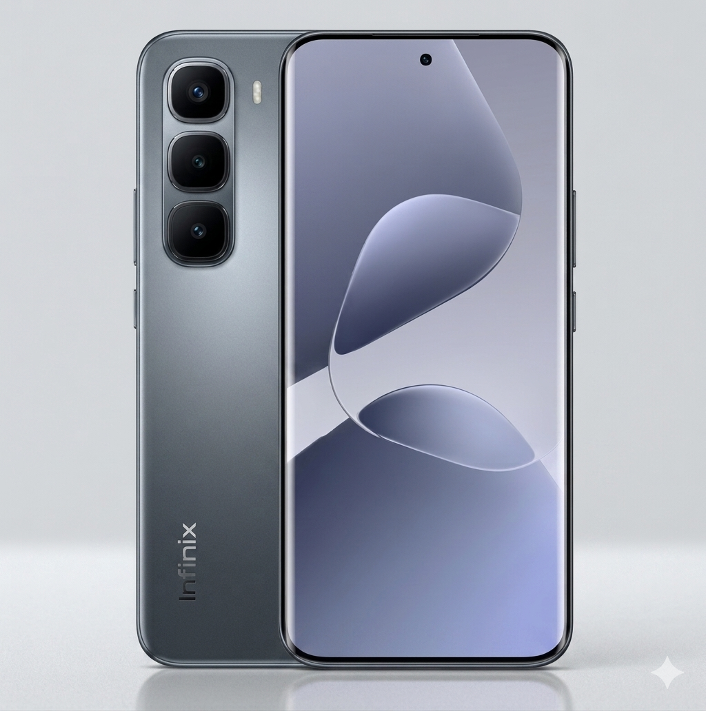Infinix Hot 60 Pro+ Titanium Silver showing curved AMOLED screen and 50MP camera module.