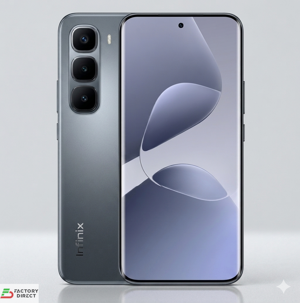Infinix Hot 60 Pro+ Titanium Silver showing curved AMOLED screen and 50MP camera module.