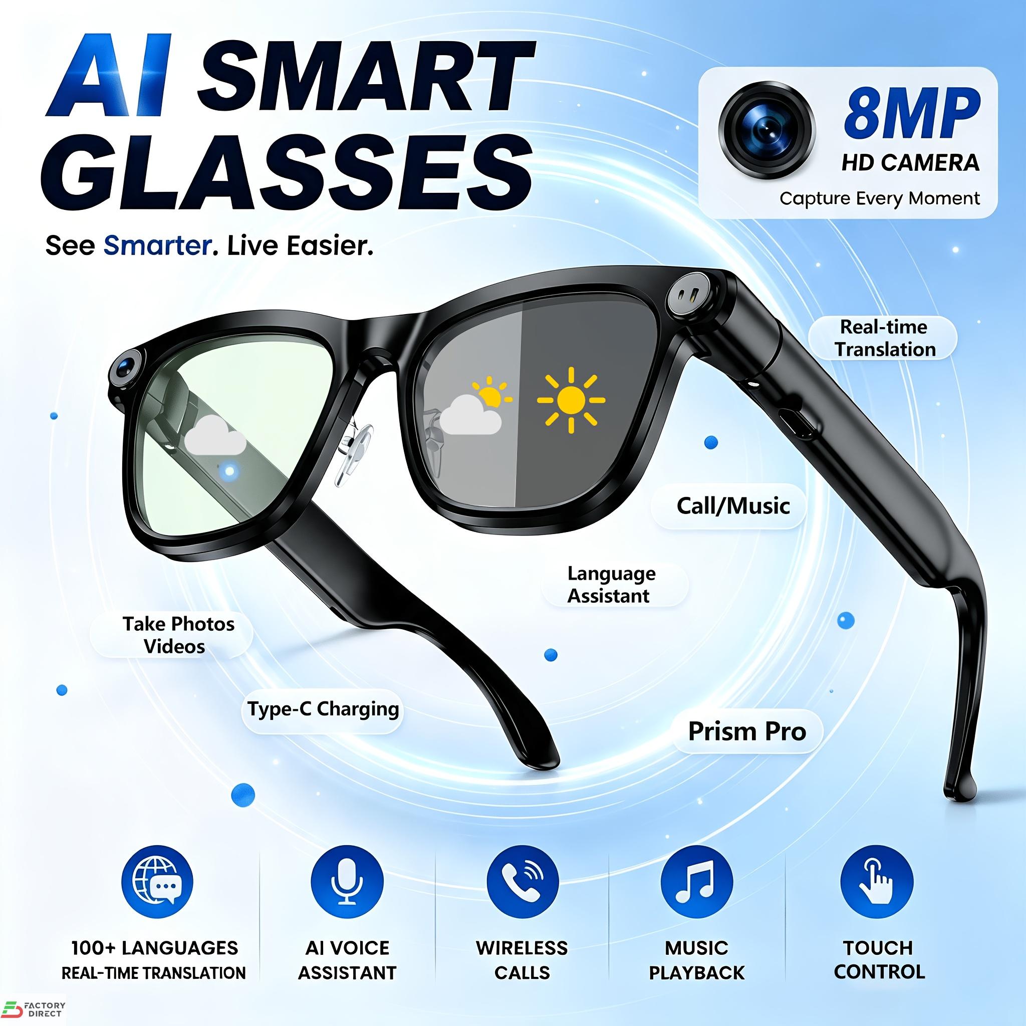 AI Smart Camera Glasses PEJE 1080P Video, TikTok Share, 8MP Camera, Real-Time Translation, Open-Ear Audio